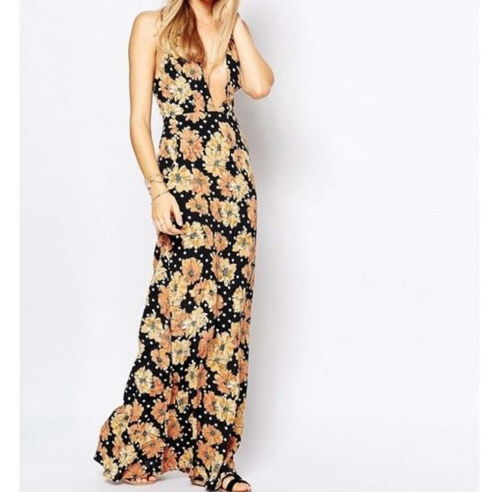 EUC Flynn Skye Polkadot & Floral V-Neck Halter "Chloe Tiger Paws"  Maxi Dress